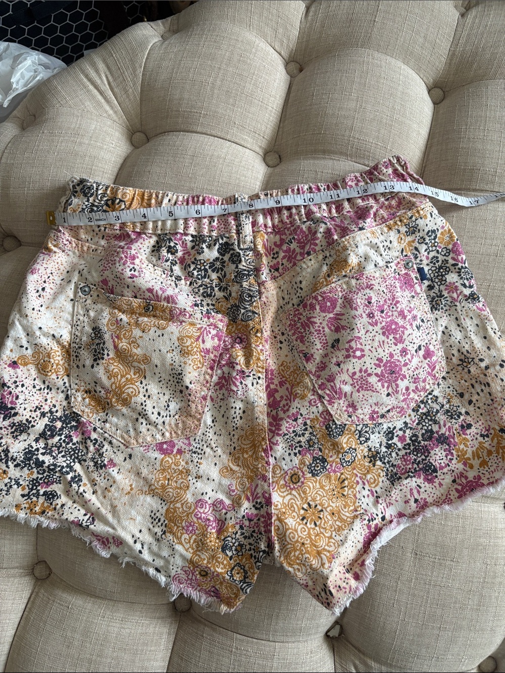Pilcro Floral Fringe-Hem Jean Shorts in White, Pink & Gold - Picture 7 of 7